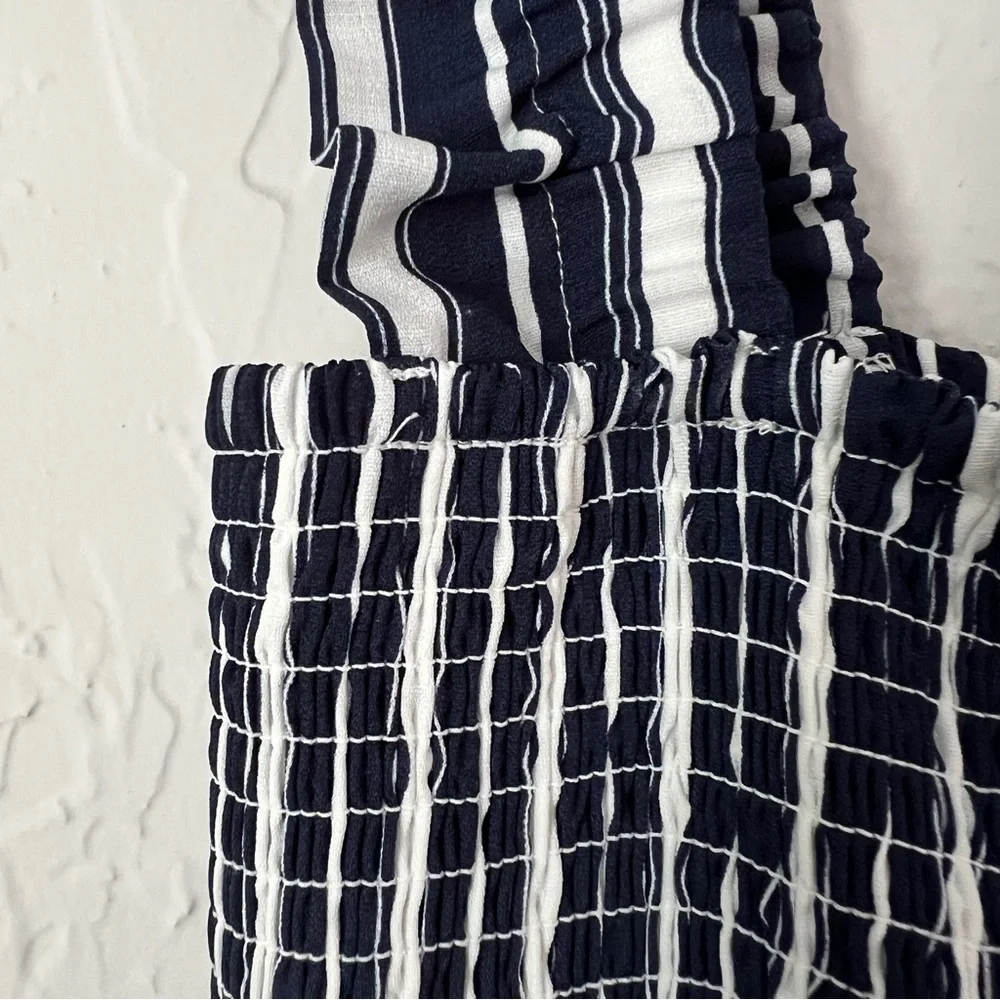 Stripe Smocked Maxi Dress, Size Small. Navy and white striped tiered maxi dress. - Picture 4 of 9